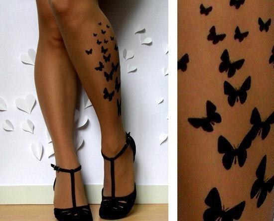 Large/ Extra Large  sexy BUTTERFLY tattoo tights / stockings / full length / pantyhose / nylons CAFE LATTE