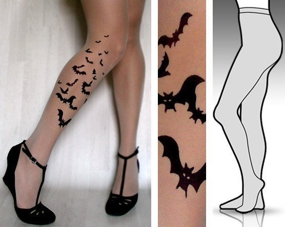 s/m sexy BATS tattoo tights / stockings/ full length / pantyhose / nylons LIGHT MOCHA