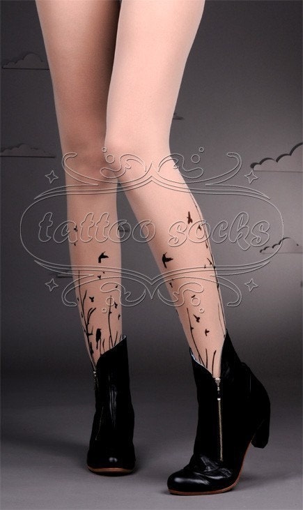 fabulous FOREST SYMPHONY tattoo thigh-high nylons Light Mocha