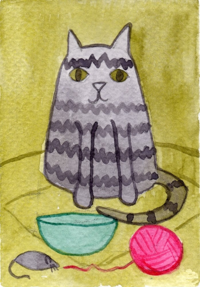 Buy 2 Get 1 FREE -- Watercolor Painting: Watercolor Illustration Cat -- Mini Art Print -- Tabby Cat -- ACEO Print