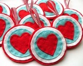 SALE 2 Peppermint Heart Baubles, Valentine's Day decoration, red white and aqua