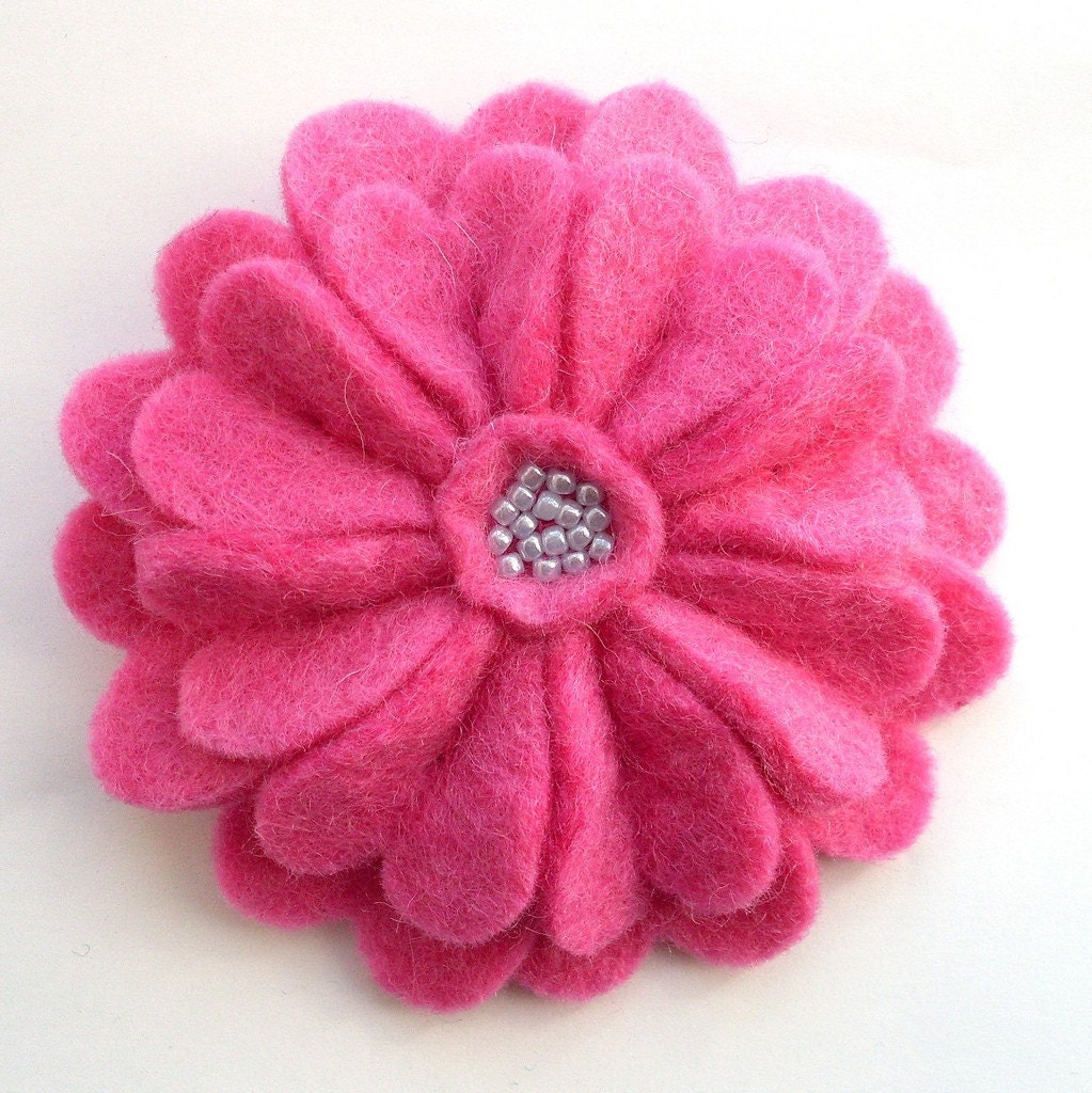 Bright Pink Felt Flower Brooch