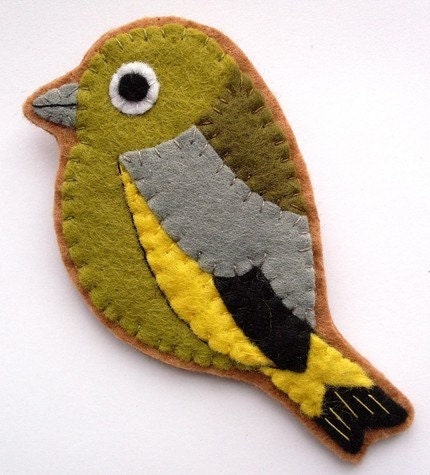Felt Bird Brooch, Greenfinch, spring green, moss green