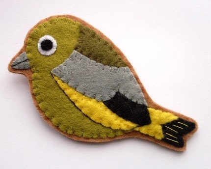 Felt Bird Brooch, Greenfinch, spring green, moss green
