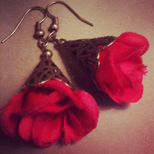 Red Secret Garden Earrings with Antiqued Brass Filigree Dangles Bridesmaids