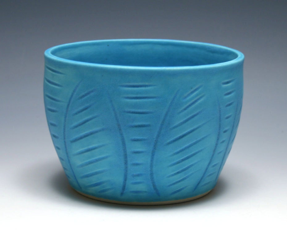 Turquoise Blue Bowl with Lined Carving