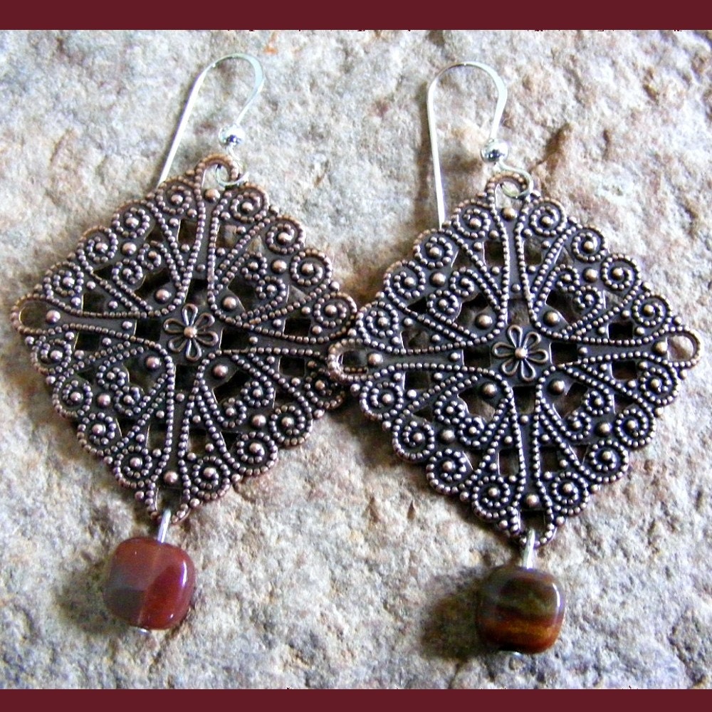Antiqued Copper Filigree with Jasper Beads Earrings - Clearance Sale