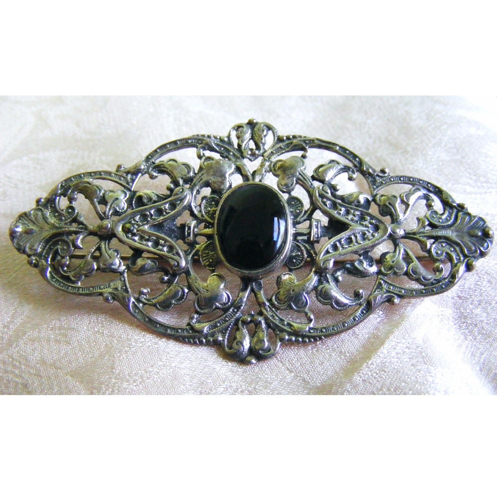 Vintage - Sterling Silver - Black Onyx - Pin - Brooch - Circa 1980's