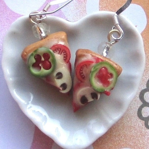 Pizza Earrings - Green Pepper, Mushroom, Tomato