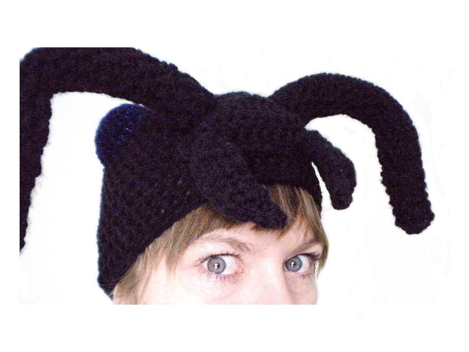 Crochet Animal Hat- Black Ant Hat with Antennae and Metallic Blue Eyes- Silly Crochet Hat for Baby / Toddler / Boy / Girl / Man / Woman