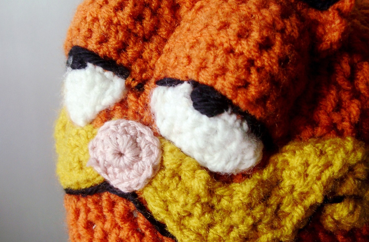 Crochet Hat - Retro Cartoon 3-D Cat Hat in Bright Orange with Ears and Snout for Adults - Silly and Chunky Crochet Hat