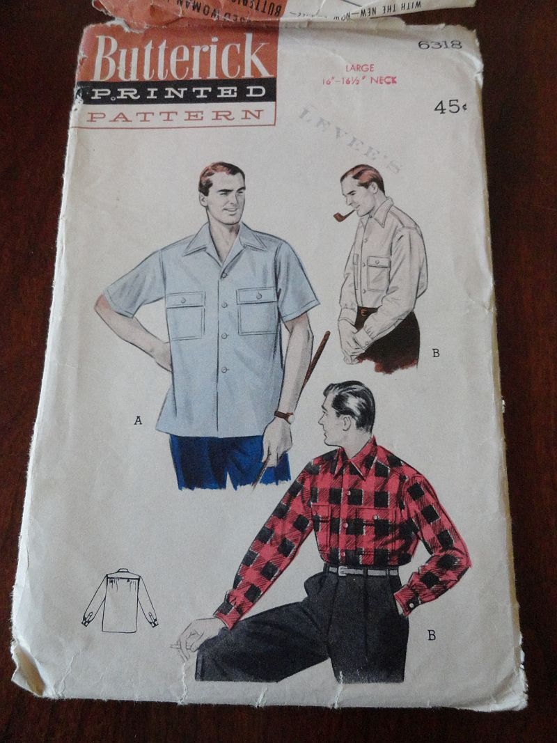 Vintage 50s Butterick Men's Long or Short Sleeve Converttible Collared Button Down Shirt Pattern sz Large 16- 16.5 Neck UNCUT - glamourstitch