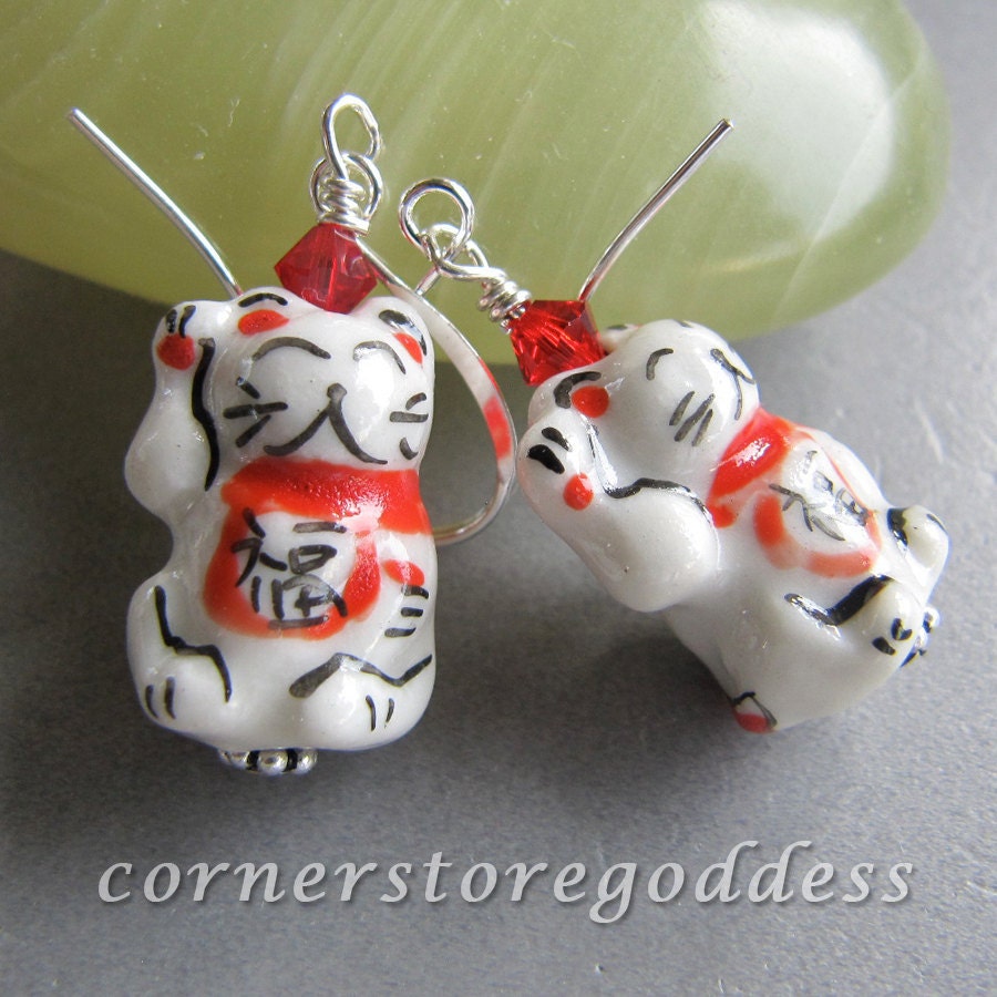 Lucky Good Fortune Kitty Cat Maneki Neko Earrings by Cornerstoregoddess