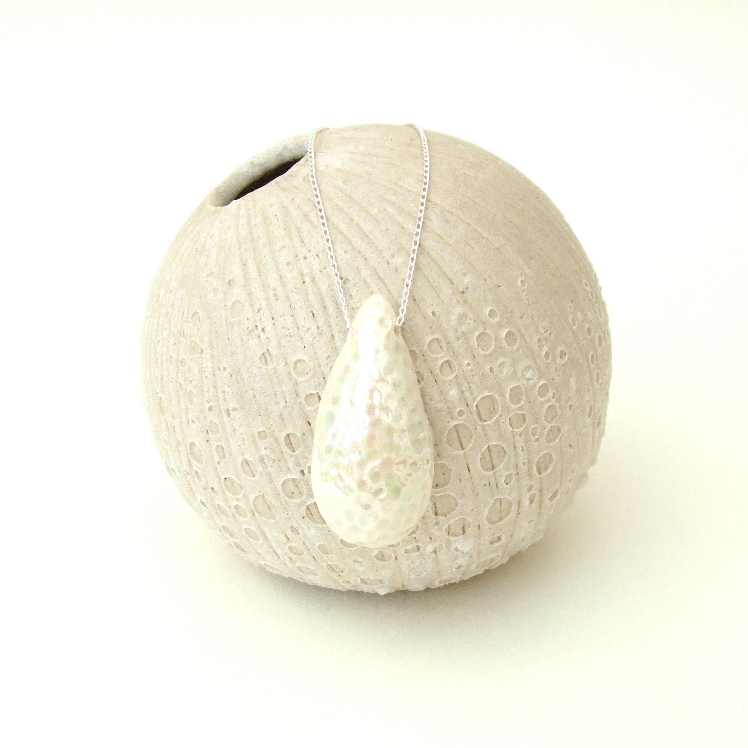 SALE - Porcelain Pendant - Hammered Pearl Teardrop - Sterling Silver Chain