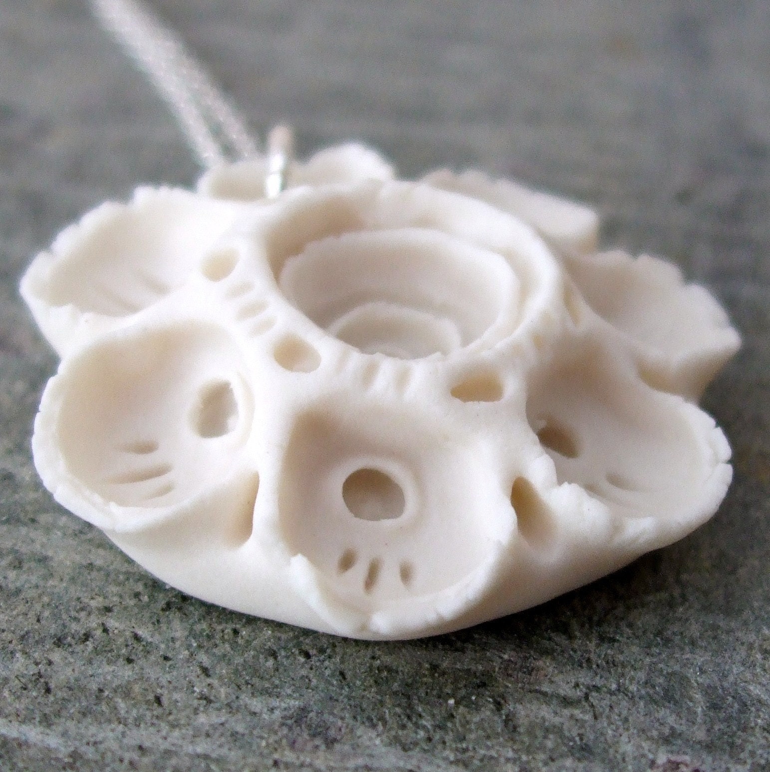 Porcelain Pendant - White Primula Auricula - Sterling Silver Chain