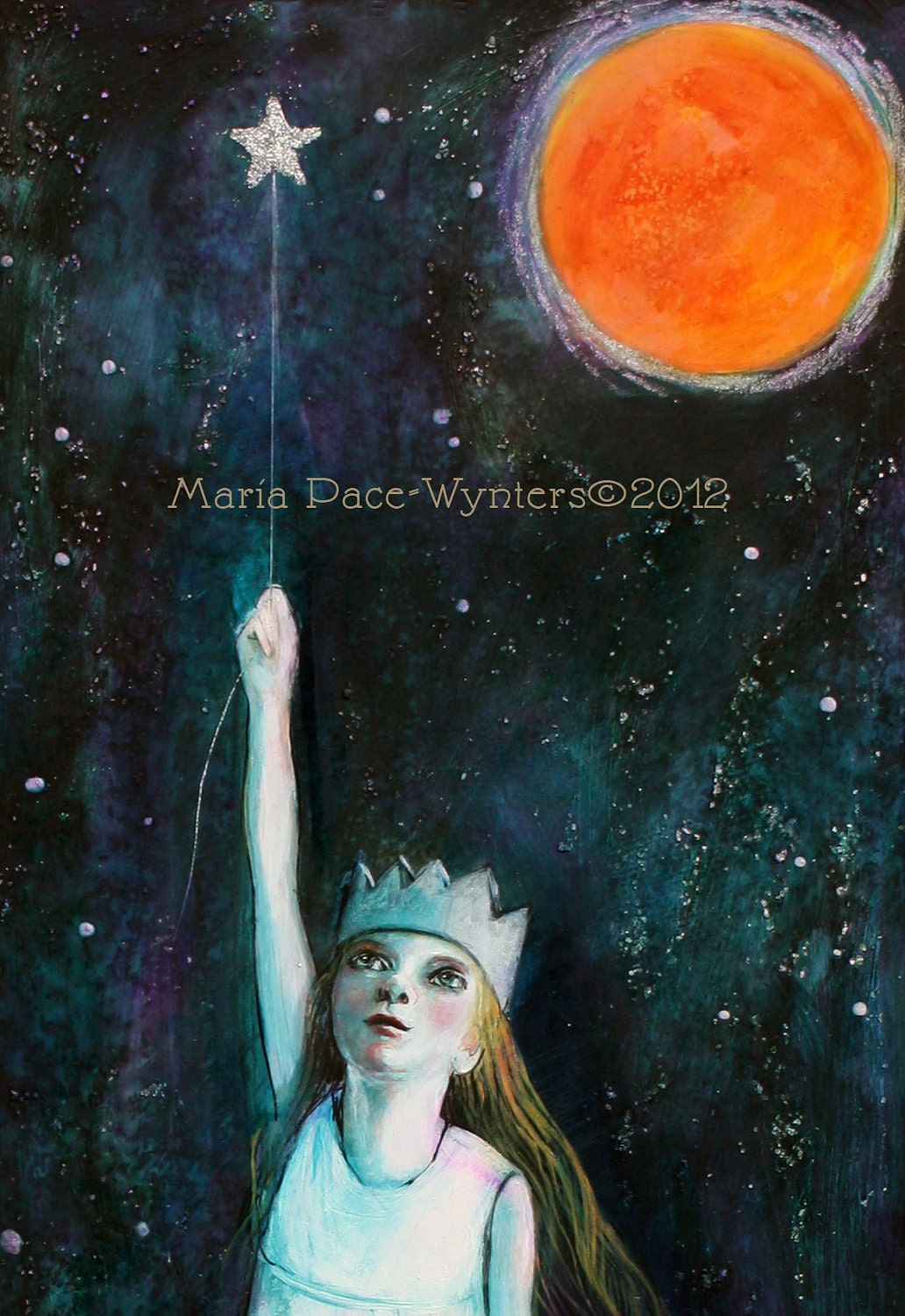 Fly Me To The Moon- Original mixed media painting by Maria Pace-Wynters