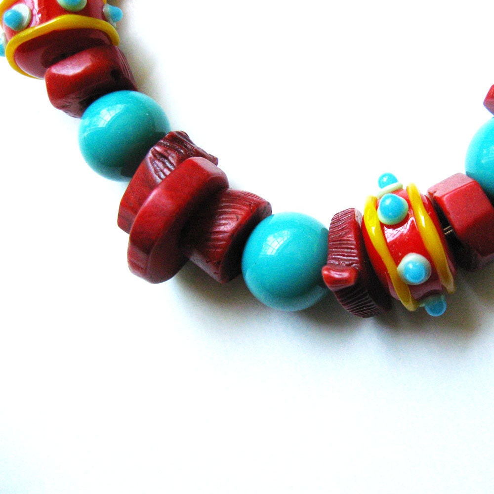 Red Coral and Glass Bracelet