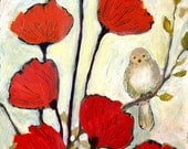 Red Poppies & Sparrow 8 x 10 inch Fine Art Print by Jenlo