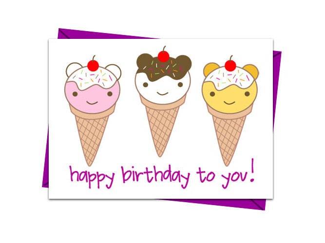 Kawaii Birthday Card - Ice Cream Bears
