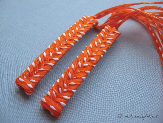 Orange with White Dots (Stitch) - Braided Ribbon Barrettes with Thin Grosgrain Ribbons