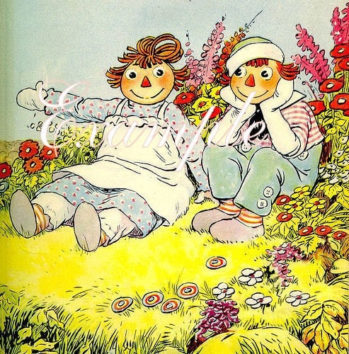 Raggedy Ann and Andy sit field of flowers,2 5x7 inch fabric blocks,precious