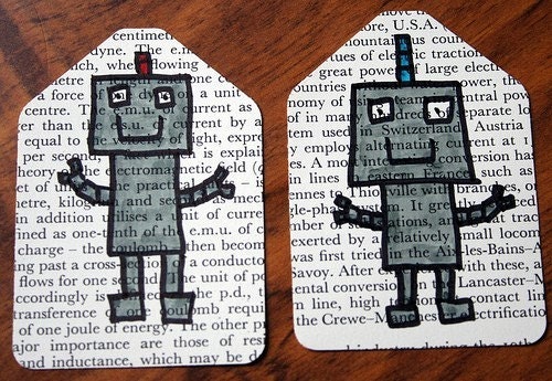 Set of 6 cute robot gift tags - recycled