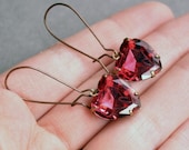 Red Heart Earrings, Red Glass, Long Brass Earrings, Heart Charms - SWEETHEART