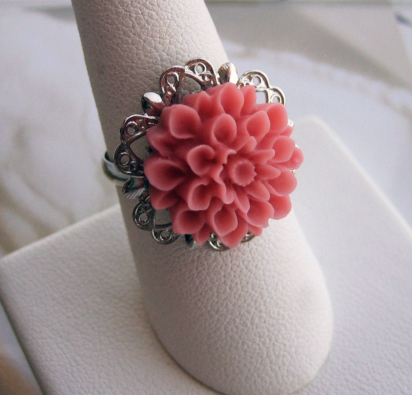 Flower Ring, Pink Rose Bloom Ring, Adjustable Metal Band, Vintage Inspired Ring - SOFTLY SPOKEN