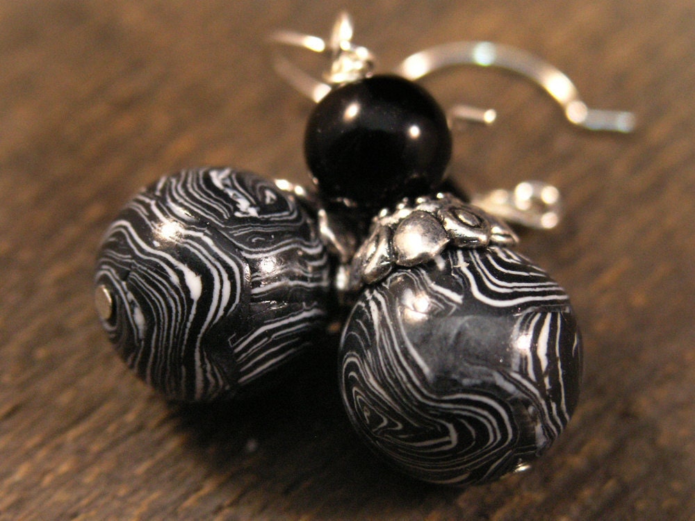 black onyx with  swirled handmade polymer clay beads and silver earrings