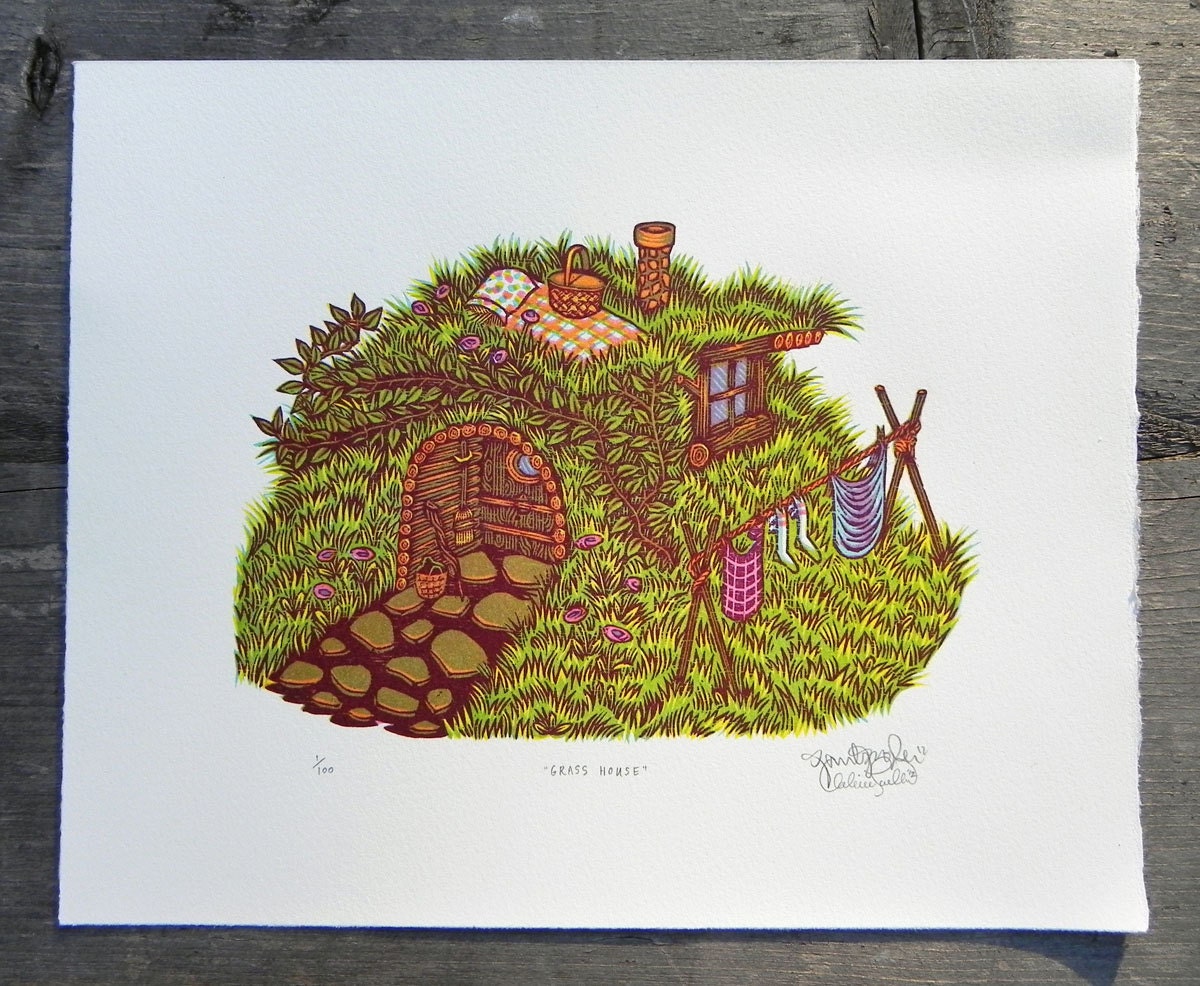GRASS HOUSE Woodcut Print, Woodblock Print