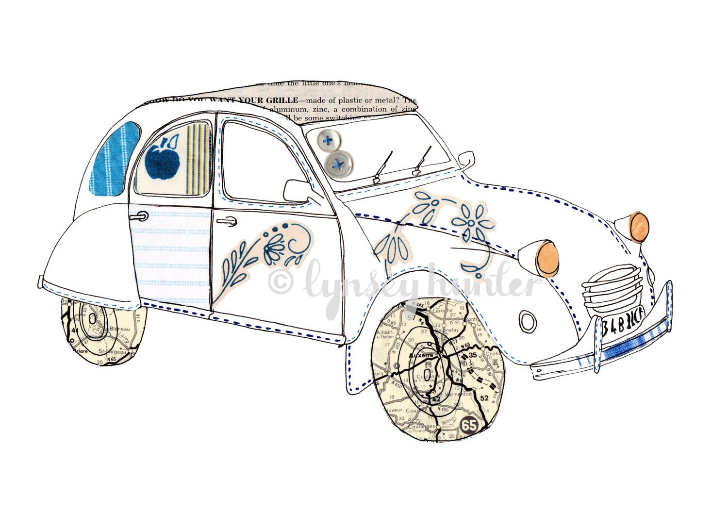 Citroen 2CV - Ink and collage illustration