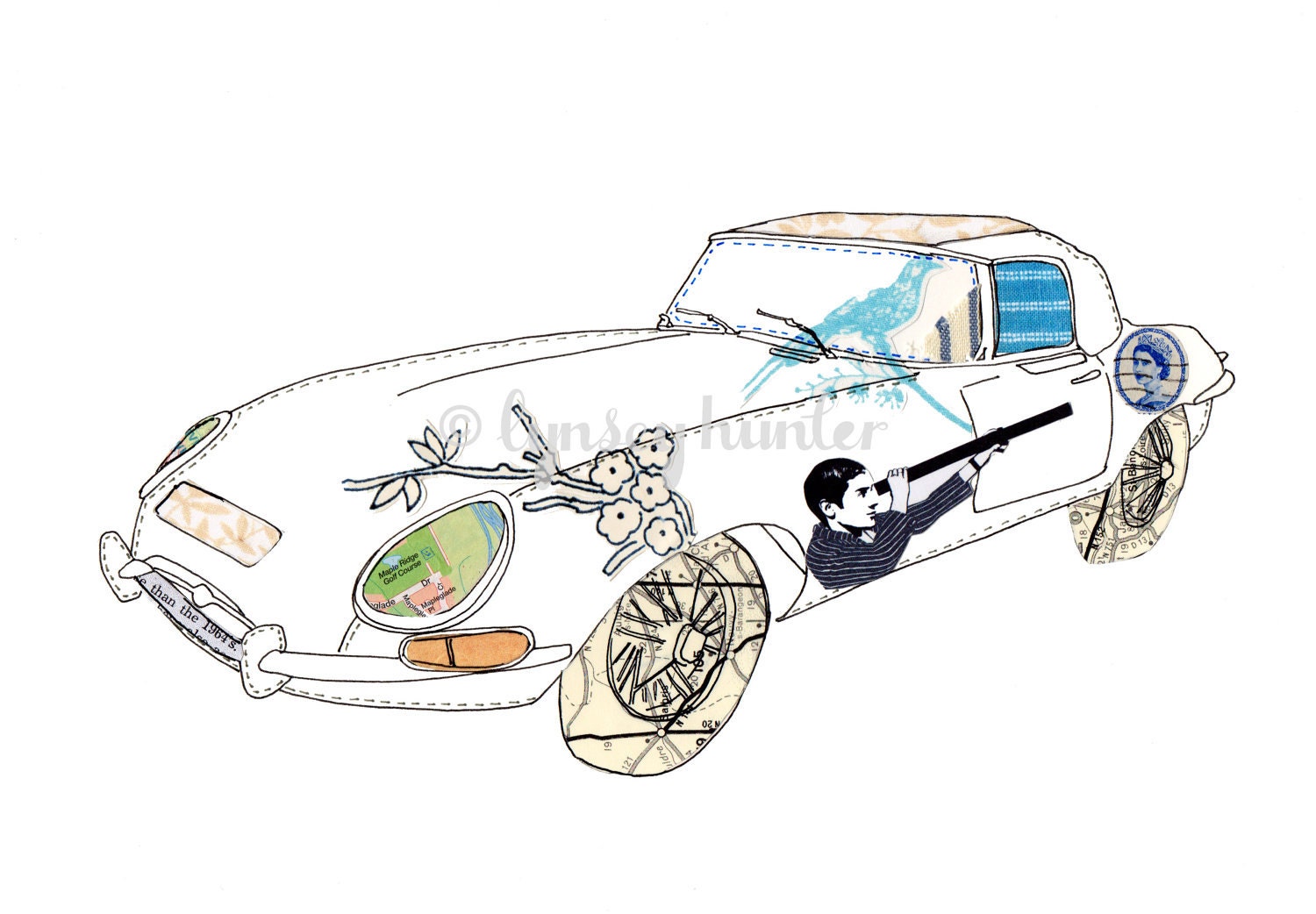 Jaguar E-Type - Ink and collage illustration