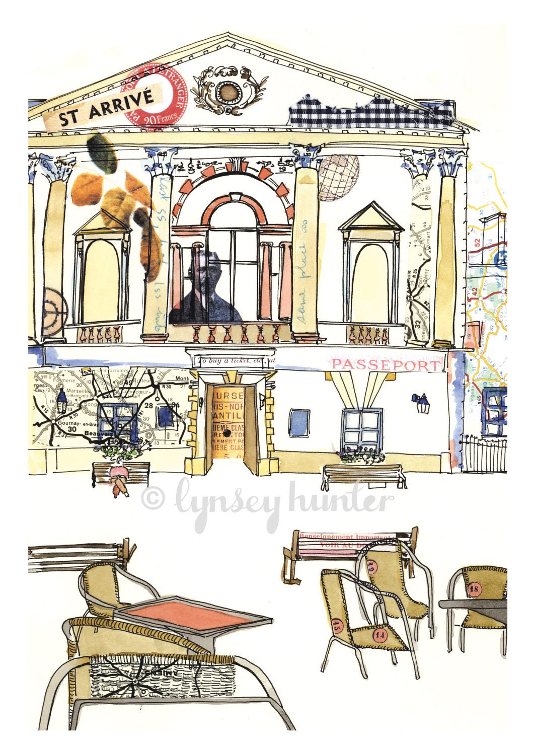 Bath, England - Ink, watercolour and collage illustration