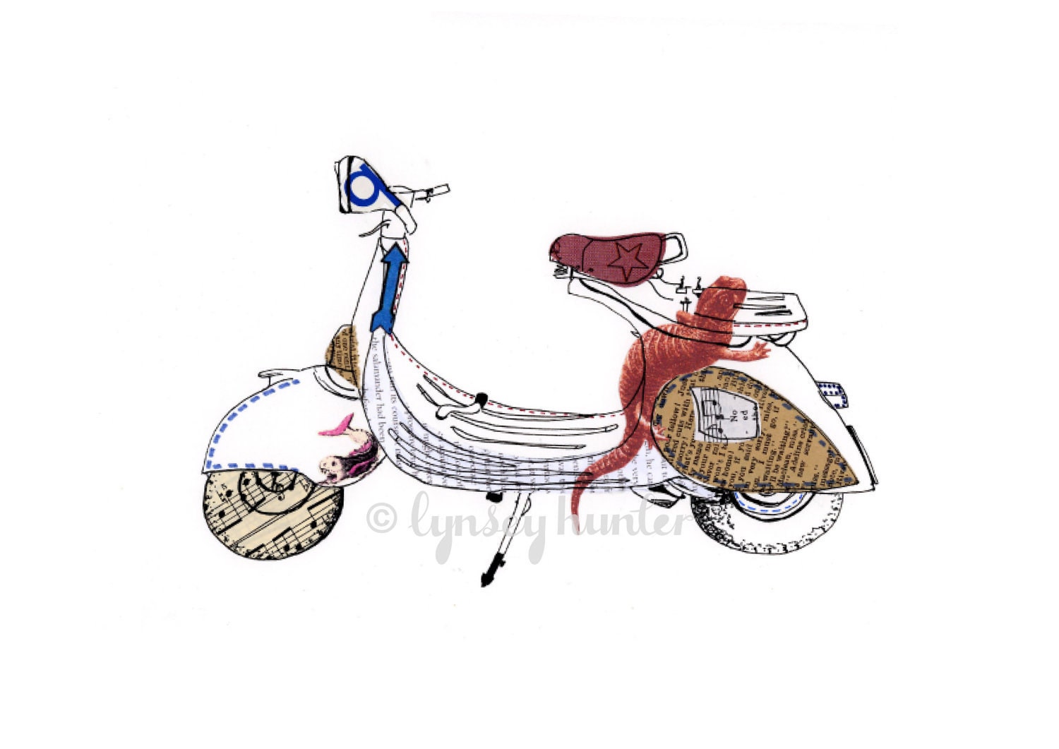 Vespa Scooter - Ink and collage illustration