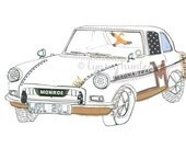 MGB GT car - Ink and collage illustration