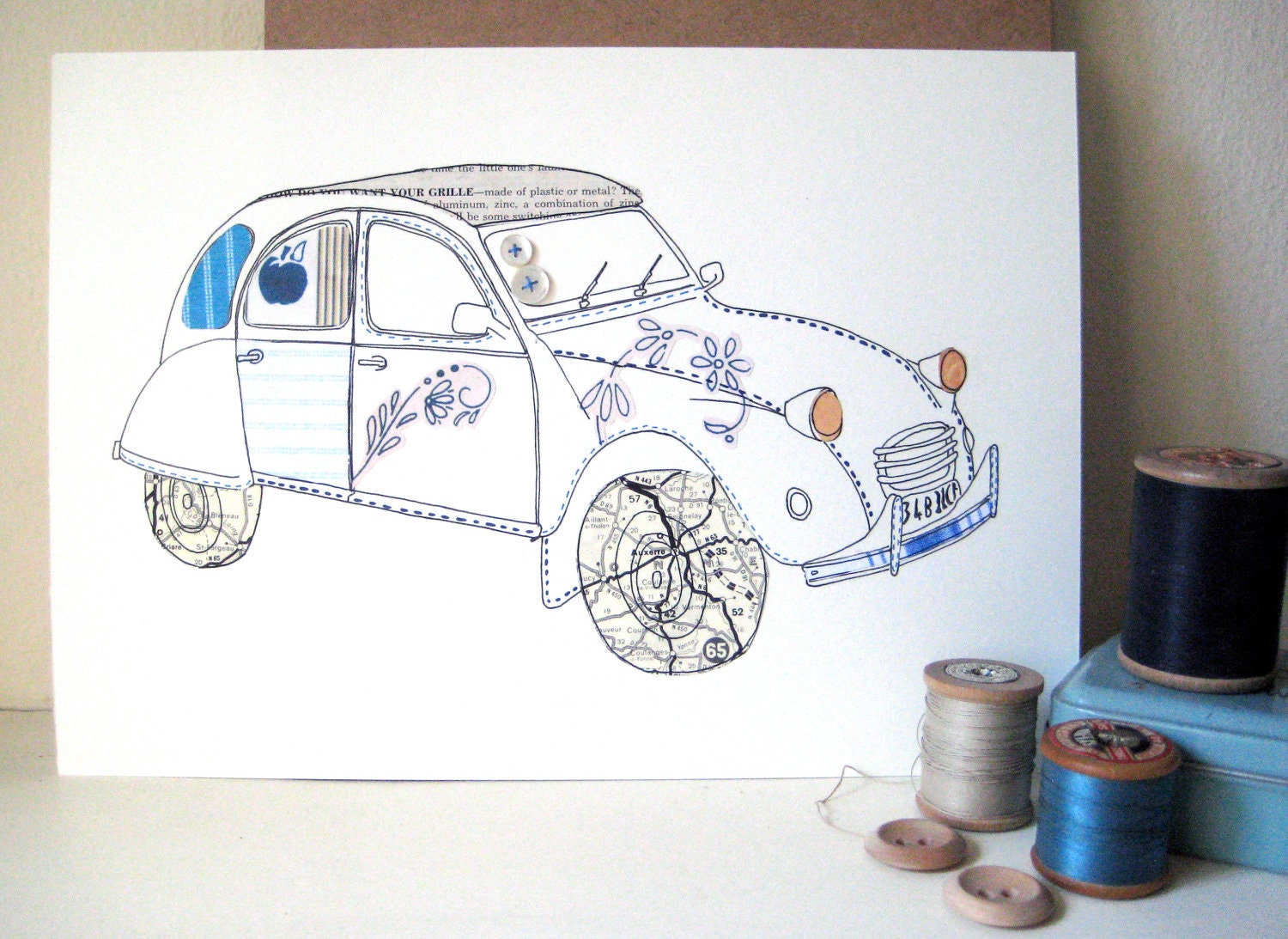Citroen 2CV Original Illustration - Ink & collage