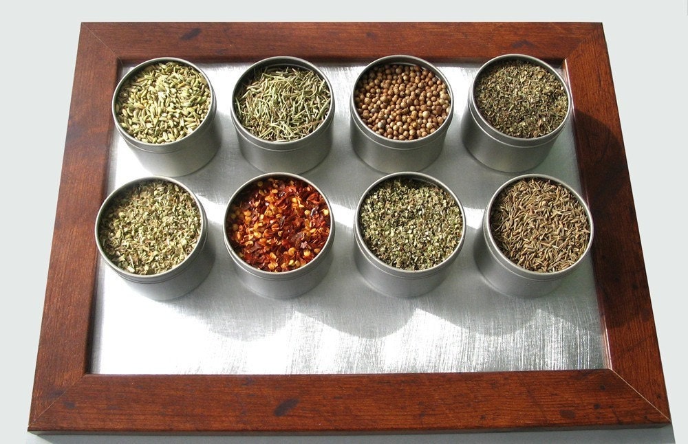 reserved for Crystal. spicelab magnetic spice rack with 16 round containers. dark brown frame. a perfect gift for a chef's kitchen.
