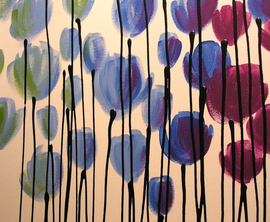 Large Flowers Abstract Painting Modern Floral Garden .. red yellow blue green ...24 x 54 ... Fantasia, Amy Giacomelli