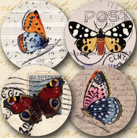Paper Butterflies 1 inch circles -- Two Digital Collage Sheets in One -- piddix no. 802
