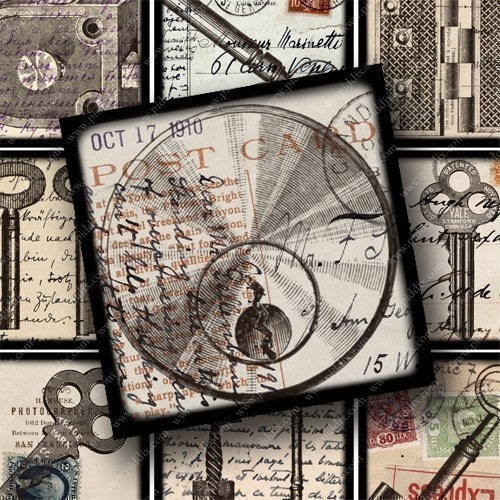 Framed Steampunk Hardware on Vintage Postcards in 2.5 inch squares -- piddix digital collage sheet no. 627