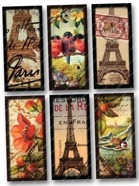 New -- Digital Collage Sheet -- Two in One -- French Ephemera AND Flora and Fauna 7/8 x 1 7/8 inches -- piddix digital collage sheet no. 74