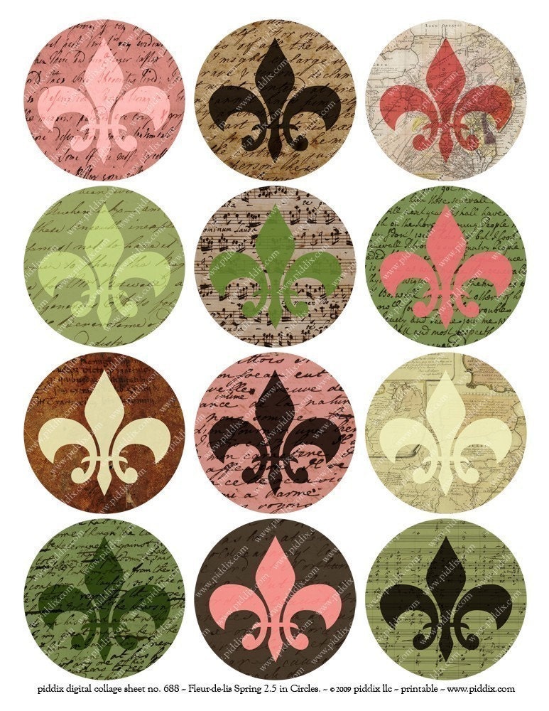 New -- Vintage Fleur de Lis in 2.5 inch circles for pocket mirrors and more -- piddix digital collage sheet no. 688