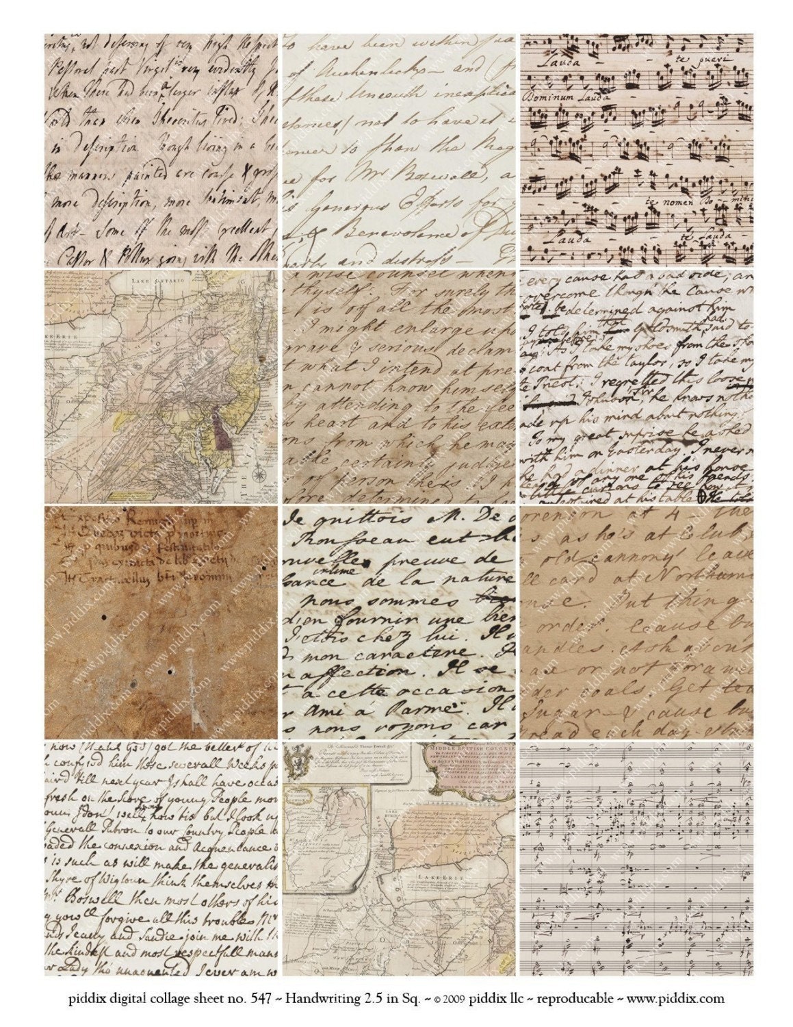Handwriting, Maps and Music in 2.5 inch squares -- piddix digital collage sheet no. 547