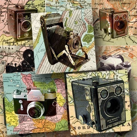 Vintage Cameras and Maps digital collage sheet in 2 inch squares -- no. 705