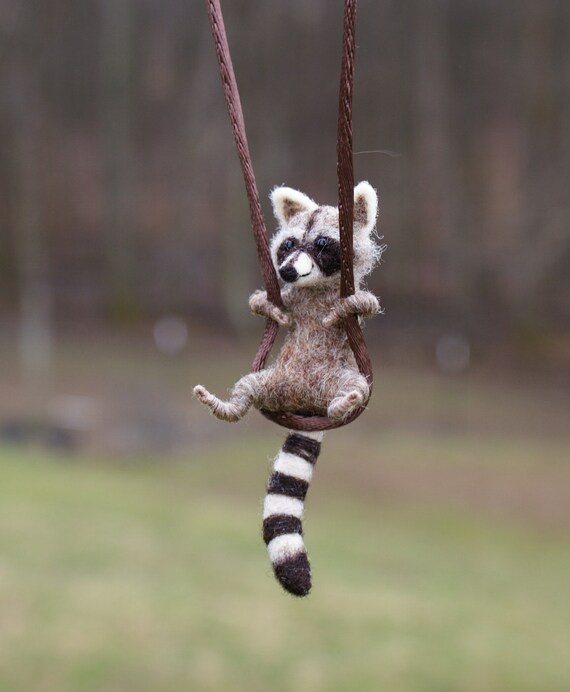 Tiny Raccoon Necklace - needle felted