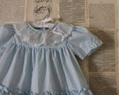 Vintage Baby Blue Dress - Retro White Lace Ruffle Gown with Pink Bow - Baby Clothes Clothing - Newborn Shower Gift - 1st Birthday Dresss