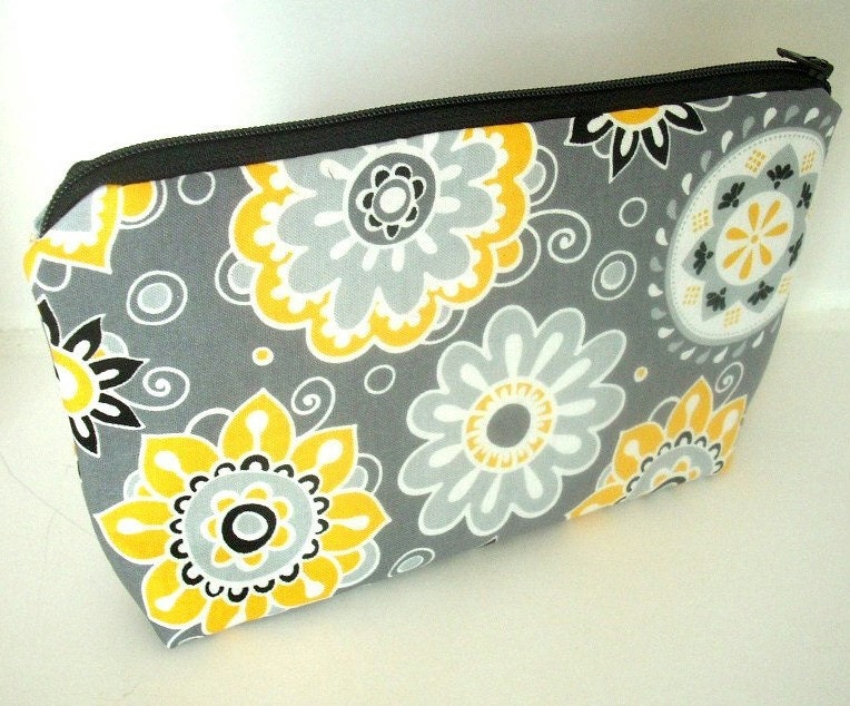 Cosmetic Bag Large ECO Friendly Padded Flat bottom Zipper Pouch -Yellow Dazzle Blooms