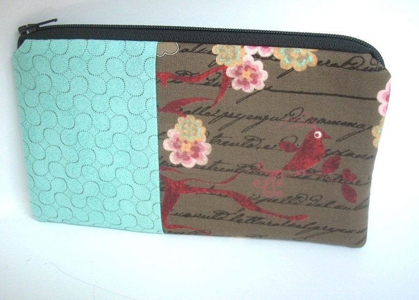Large Zipper Pouch Cosmetic Bag Eco FRIENDLY Padded Coin purse -  Double Aqua Bird Blush in Brown
