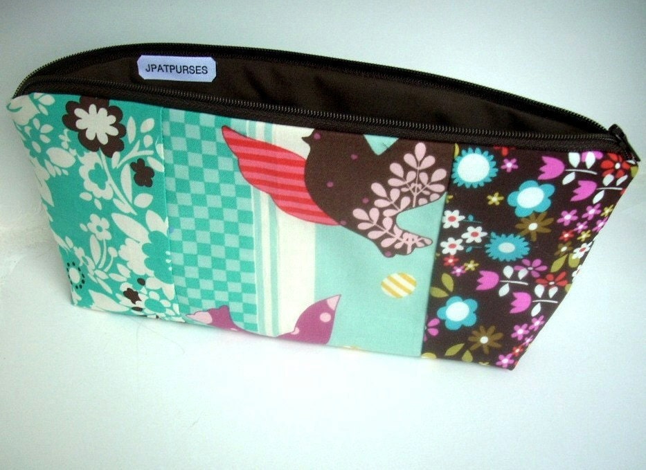 50% OFF SALE Birds Cosmetic Bag Large Flat Bottom Zipper Pouch Camera Case (Padded) OOAK Birds Patchwork