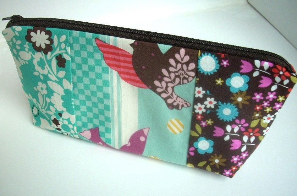 50% OFF SALE Birds Cosmetic Bag Large Flat Bottom Zipper Pouch Camera Case (Padded) OOAK Birds Patchwork